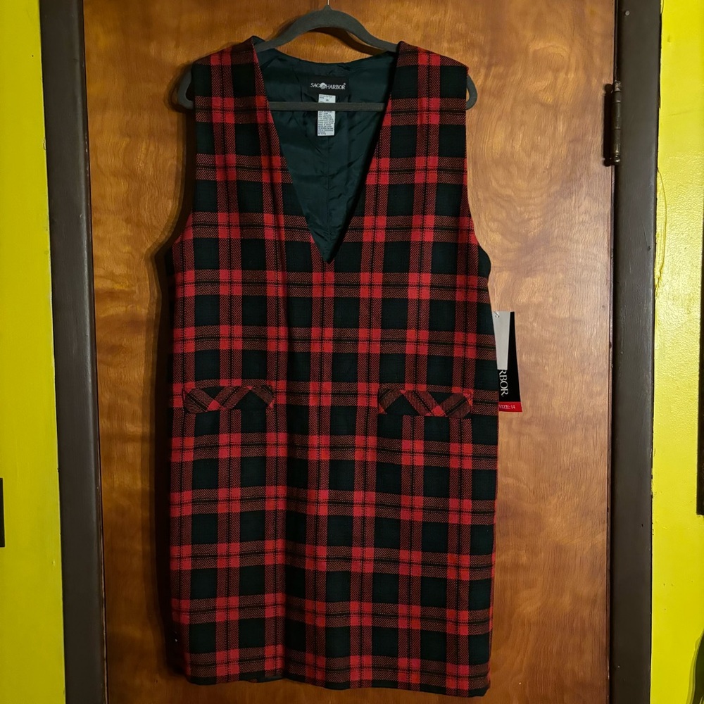 Vintage 90s Sag Harbor Jumper Dress 14 Red Tartan Plaid Wool Grunge Academia